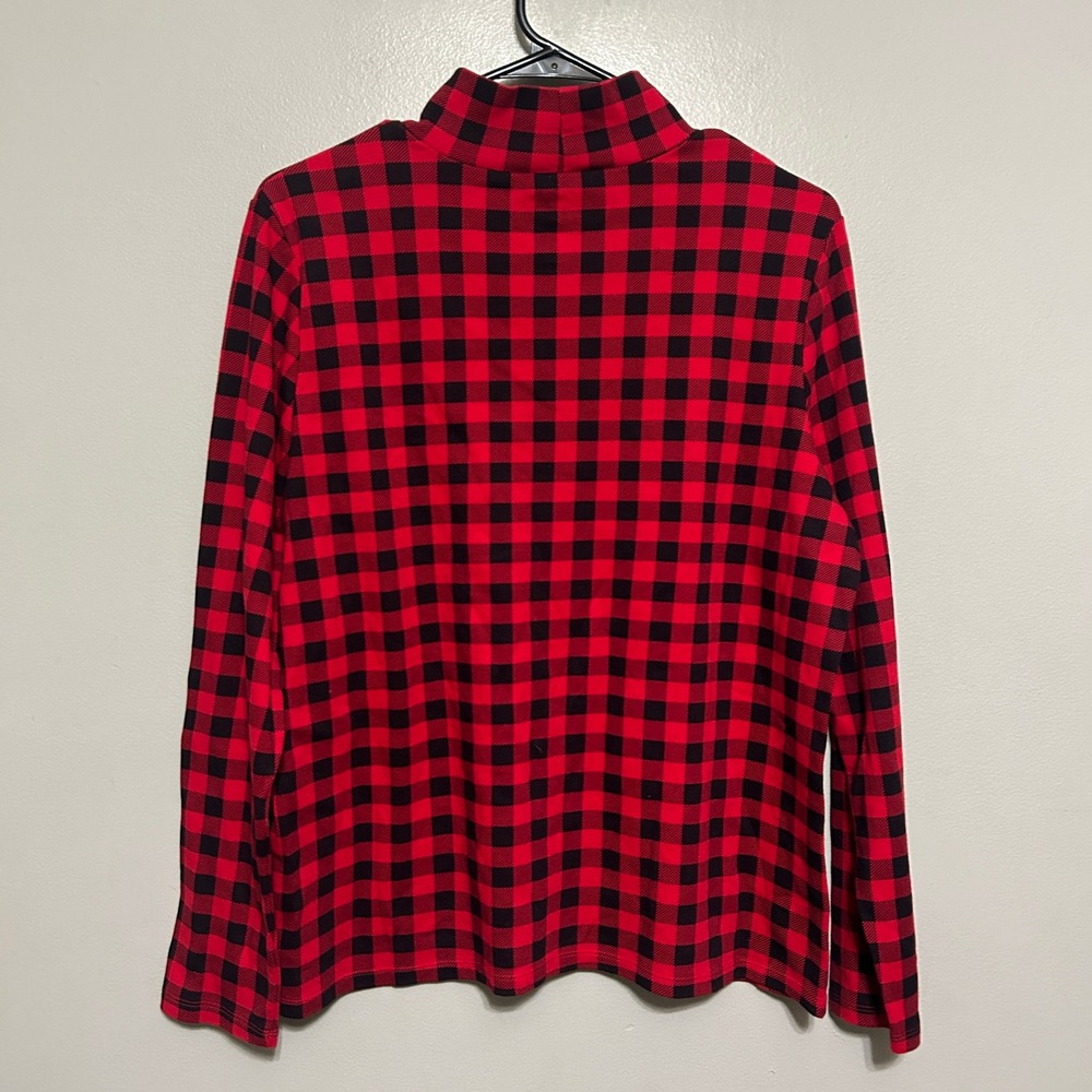 Croft & Barrow Top Women XL Red Black Buffalo Plaid Mock Neck Cotton Preppy Chic - Picture 2 of 5